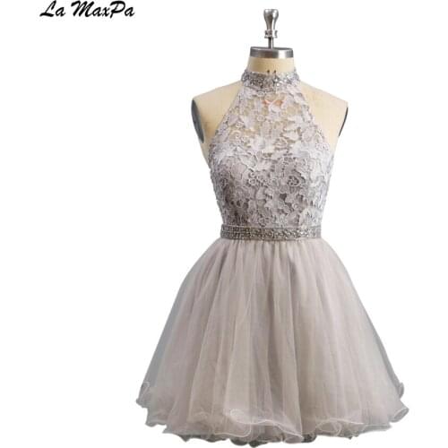 Crystal Beaded Belt Halter Neck Lace Top Grey short Prom Dress CMT34