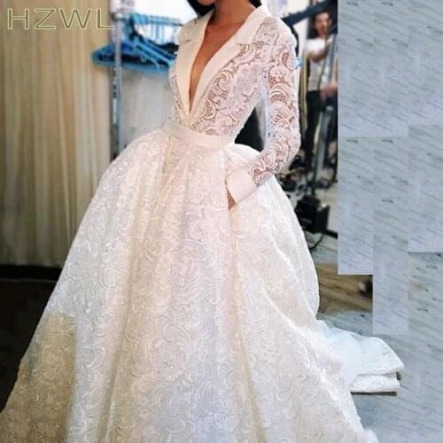 Full Lace Wedding Dresses Sexy Deep V Neck Long Sleeves Bridal Vestidos Plus Size Zipper Back Wedding Gowns 2020