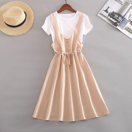 Summer Short Sleeve White Top + High Waist Strap Dress Sets Womens Outfits 2 Piece Set Ladies Casual Fashion Women Suit Y159