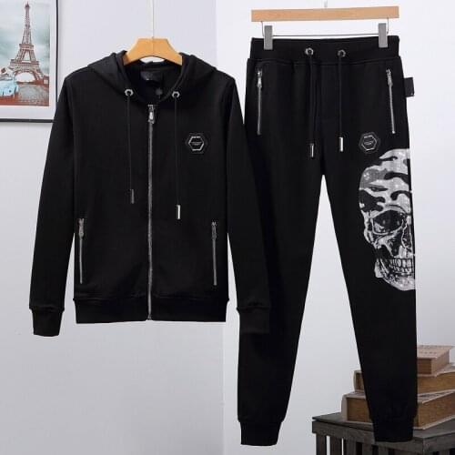 PP Fashion Skull Men Cotton 2-Piece Hooded Sweatshirt And Pants Sportswear Set Zip Plein Hoodie Clothes Trajes de hombre