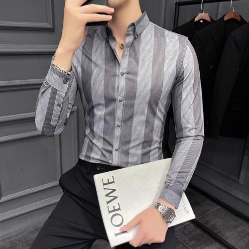 2021 Striped Long Sleeve Mens Shirt Autumn New Korean Slim Business Dress Shirts Casual Tops Social Party Tuxedo Chemise Homme