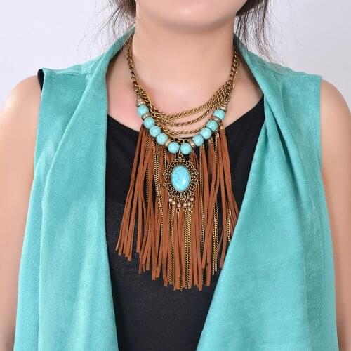 New Bohemian necklace jewelry western Boho vintage silver statement Neck Dramatic Suede Long Tassel Chain Resin Ethnic Necklace