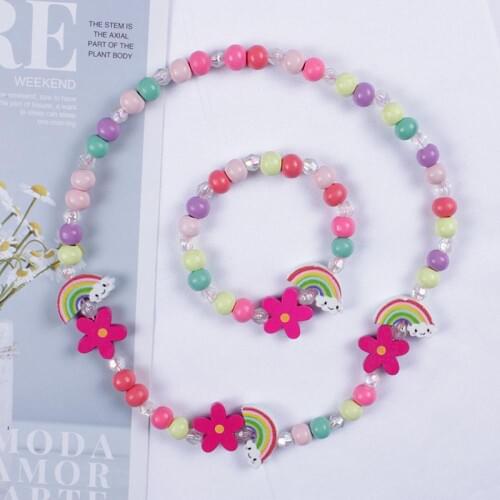 New Cute Children Jewelry Cartoon Wooden Flower Animal Child Sweater Necklace Bracelet Girls Gifts for Party Birthday Gift