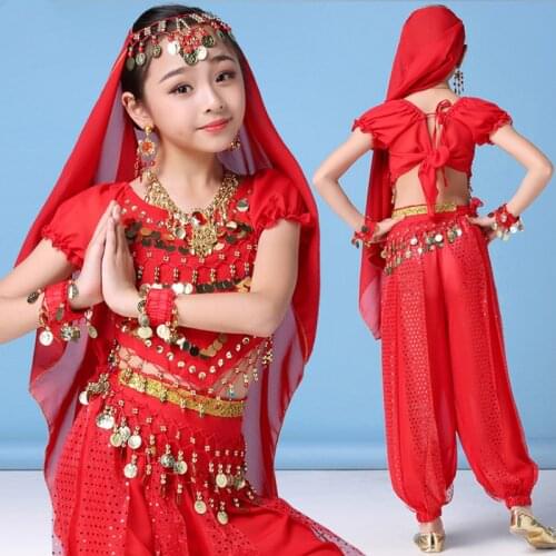 New Kids Bollywood India Belly Dance Costumes Set Oriental Bellydance Girls Dancer Top Bandage Dresses Hip Scarf Coin Clothes