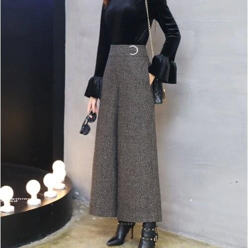 Autumn Winter Women Wide Leg Pant High Waist Flare Pants Plus Size 3Xl 4Xl Warm Print Woolen Fashion Plaid Pants Women OS153