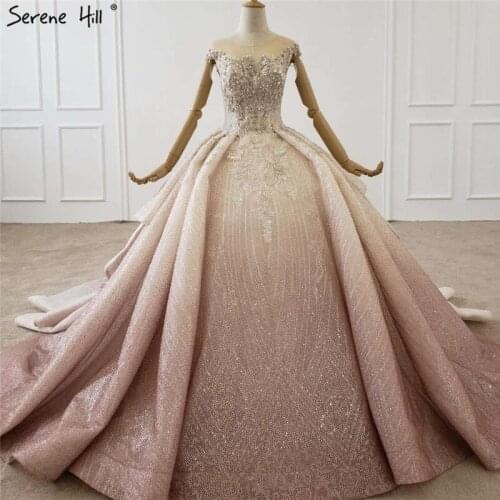 Luxury Gradual Change Pink O-Neck Wedding Dresses 2020 Sleeveless Diamond Sequins High-end Bride Gown BHX0103 Custom Made