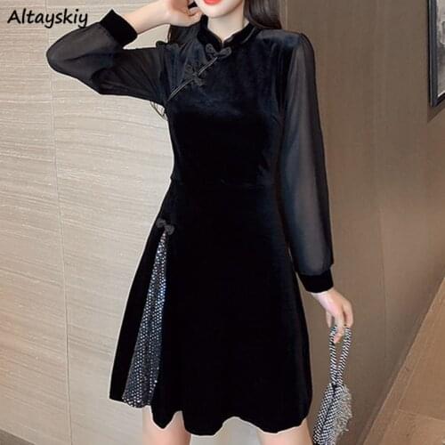 Chinese Style Dresses Women Black Sequined Velvet Mesh Vintage Mandarin Collar Club Party Vestido Feminino Oriental Elegant Chic