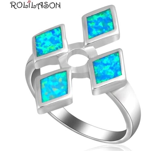 ROLILASON New ! High Quality ! Huge Blue fire Opal stamped silver plated Rings Fashion Jewelry USA size #6.75 #7.75 OR398