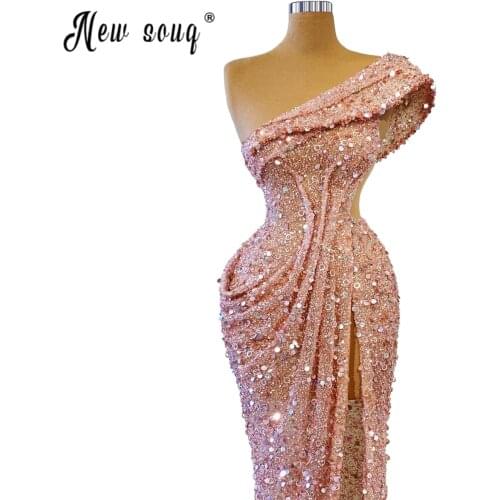 Luxury Pink Sequined Celebrity Dresses New Arrival Illusion Beaded Mermaid Evening Gowns Longue Robes Islamic Turkish Vestidos