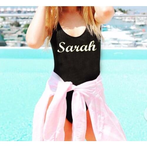 Sarah Letter Print Open Low Back Bodysuit Women Summer Sexy bodysuit Girls Swimwear Good Quality One-Pieces Bathing Suits