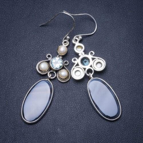 Natural Botswana Agate,River Pearl and Blue Topaz Handmade Unique 925 Sterling Silver Earrings 2.5" Y0577