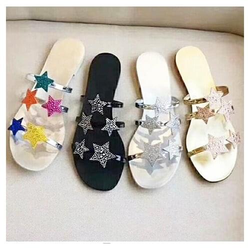 Carpaton Five-pointed Stars Decorations Woman Slippers Crystal Flat Shoes Summer Open Toe Sexy Slides Black Gold Silver