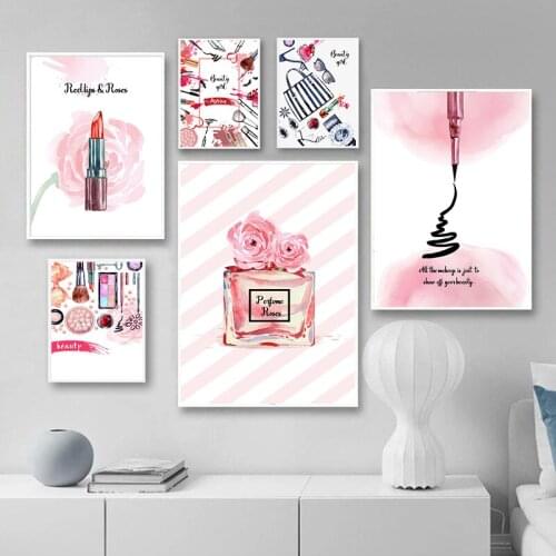 Lipstick Perfume Handbags Fashion Poster Makeup Floral Print Canvas Art Painting Wall Picture Modern Girl Room Home Decoration