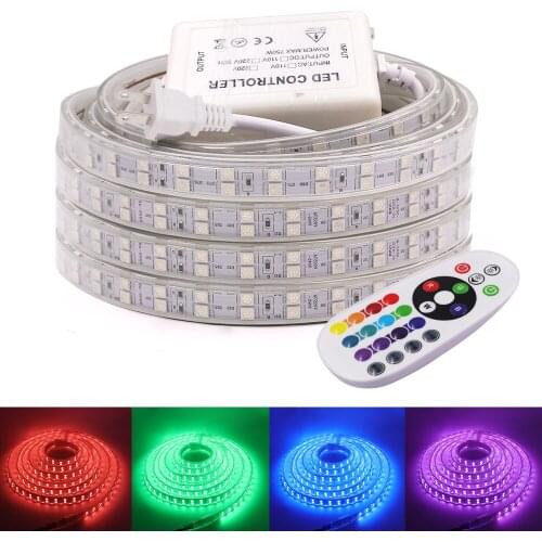 220V RGB Led Strip EU AU UK Plug 120leds/m 5050 RGB Flexible Tape Led Ribbon Waterproof Strip Light With 24key IR Remote