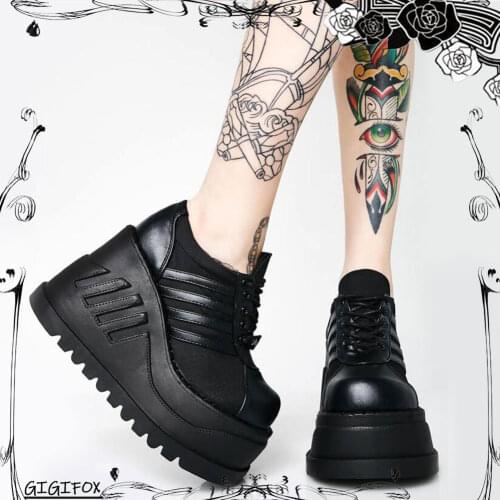 Plus Size 43 Brand Design Steet Fashion Black Gothic Style Girls Cosplay High Heels Wedges Shoes Woman Platform Casual Pumps