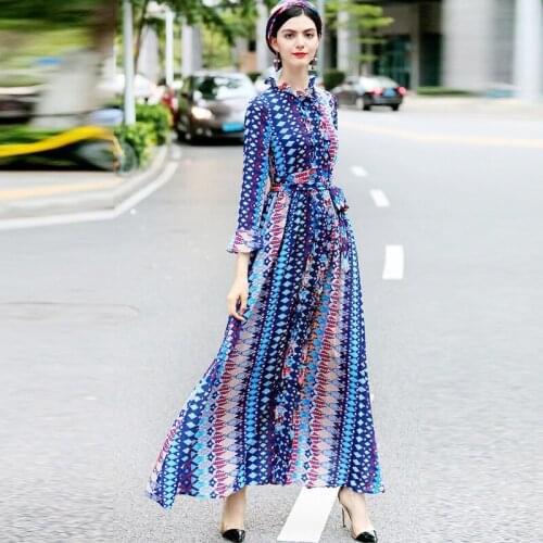 VERDEJULIAY Vintage Long XXL Dress 2020 Spring Autumn New Fashion Full Sleeve Contrast Color Blue Slim Elegant Dress Vestidos