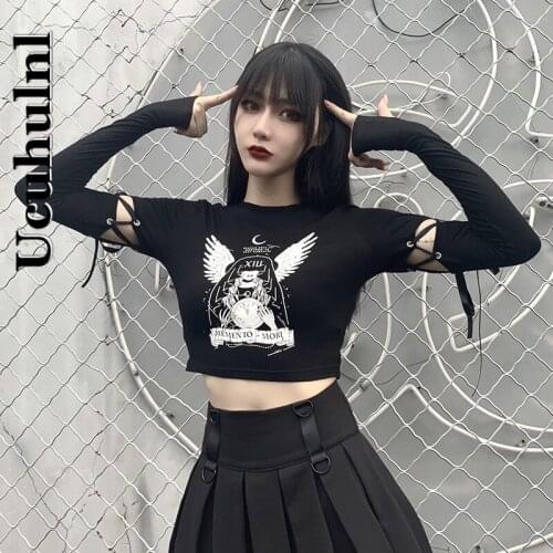 Ucuhulnl Punk Fashion T-shirt Female Long Sleeve Hollow Out Lace Up Graphic Print Top Tees Streetwear Dark Black T-shirts Women