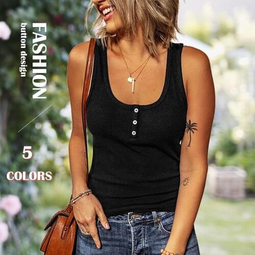 Women Low Cut Sleeveless Button Henley Shirts Slim Fit Tank Tops Scoop Neck Solid Color Basic Vest Spring Summer Street Wear