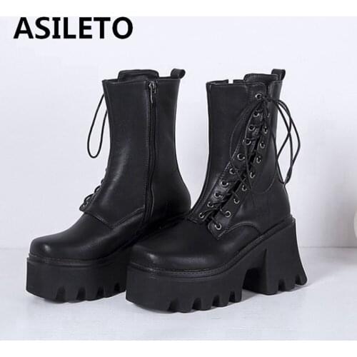 2021 Gothic Women Ankle Boots High Platform Motorcycle Zipper Top Quality Autumn Winter Warm Chunky High Heels Big Size 43 S2367