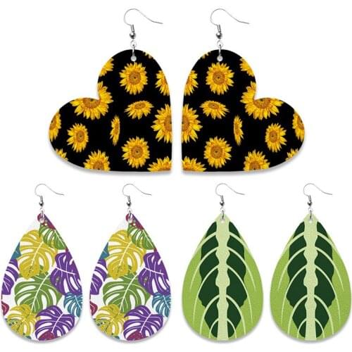 PU Leather Earrings for Women 2021 Palm Leaf Sun Flower Plant Originality Geometric Multi Color Fashion Jewelry Accessories New