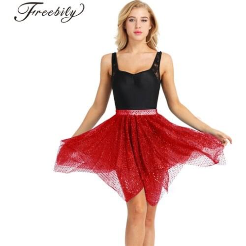 Women Glitter Gymnastics Leotard Dancewear Polka Dots Asymmetric Latin Dance Skirt Adult Stage Performance Costume Dance Skirt