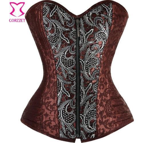 Silver Appliques Brown Brocade Steampunk Clothing Women Plus Size Corset Zipper Waist Trainer Sexy Gothic Steel Boned Corsets