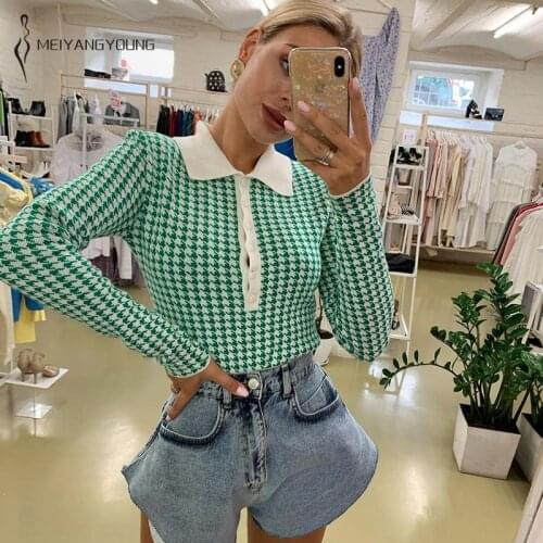 MEIYANGYOUNG Houndstooth Buttons Knitted Bodysuits Women Jumpsuits Long Sleeve Sweater Bodysuits Rompers Elegant Woman Jumpsuits