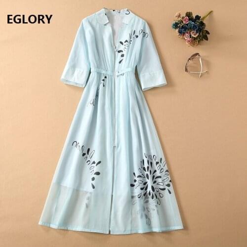 New 2021 Summer Long Dress High Quality Women V-Neck Vintage Print Front Zip Patchwork Short Sleeve Large Swing Blue Dress Maxi