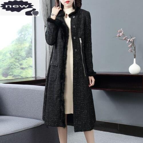 England Style Women Tassel Long Sleeve Tweed Elegant Luxury Straight Slim Fit Covered Button Overcoat Black Trench Coat