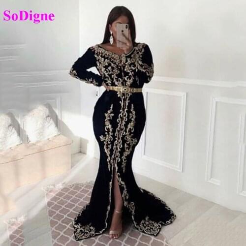 SoDigne Moroccan Caftan Evening Dresses Embroidery Appliques Muslim Prom Dresses Jacket Kaftan Arabic Party Dress