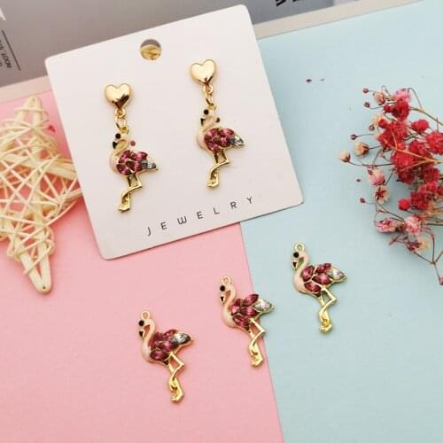 10pcs Enamel Pink Flamingo Alloy Charms Cute Crystal flamingo Bird Pendants For Jewelry Making Earring Bracelet Charms FX378