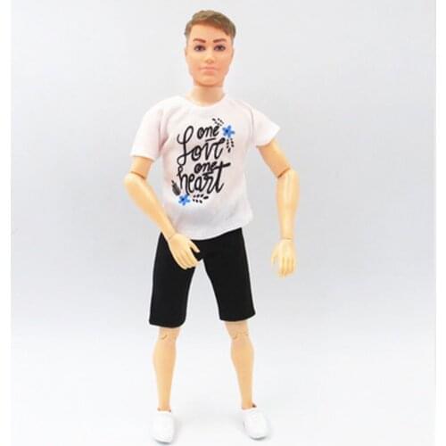 White Fashion Doll Clothes For Ken Doll Outfits Letter T-shirt & Black Shorts For Barbies Boyfriend Ken Boy 1/6 Doll Kids Toys