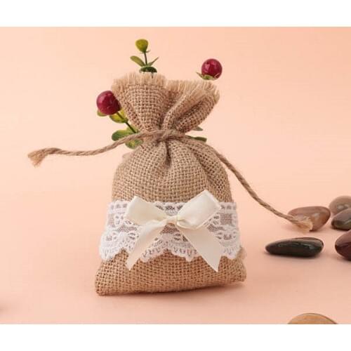 Free shipping 50 pcs / lot Natural Jute Bags White Lace Jute Bag Gift Sweets Bags with 4''x 6