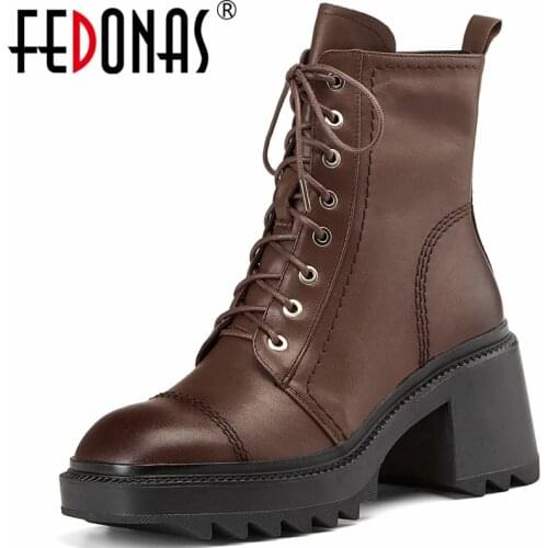 FEDONAS Retro Working Casual Women Ankle Boots Top Quality Genuine Leather High Heels 2021 Autumn Winter New Lace-Up Shoes Woman