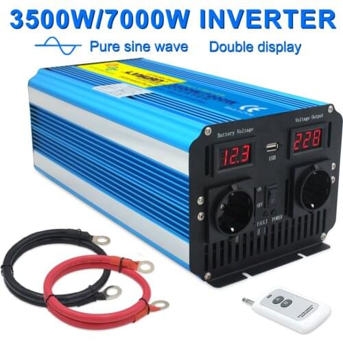 Pure Sine Wave Power Inverter 7000W Transformer DC 12V/24V TO AC 220V with Dual LED Display 3.1A USB Remote Control EU/US Socket
