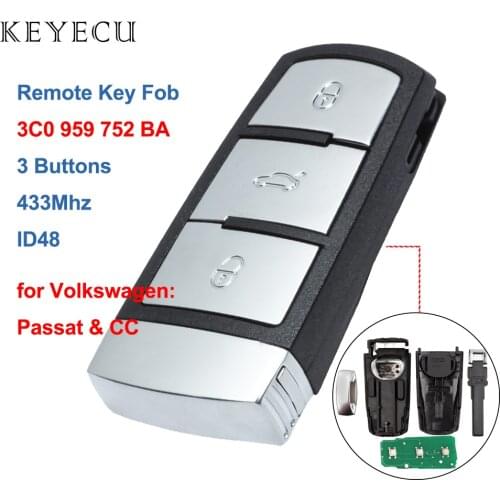 Keyecu 3C0 959 752 BA Remote Key Fob 3B 433MHz CAN ID48 for VW Volkswagen Passat & CC 2005 2006 2007 2008 2009 2010, 3C0959752BA
