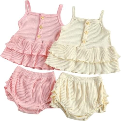 2 Pcs Newborn Ruffled Outfits, Baby Girl Sleeveless Solid Color Boat Neck Spaghetti Strap Button Tank Top + Shorts