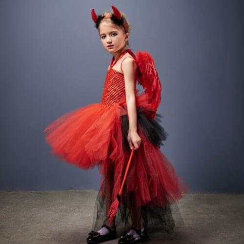 Girls Red Devil Costume Dress With Wing Horns Kids Halloween Scary Costumes Demon Cosplay Outfits Masquerade Disguise Clothes