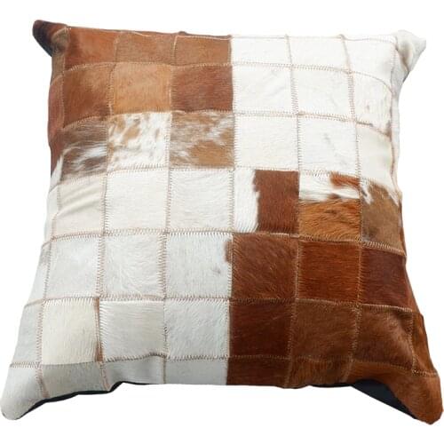 Square cowhide single side fur plaid pillow cushion without core , natural color leather pillow for furniture upholstery SALES