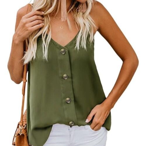 New Women V Neck Sleeveless Solid Color Tank Tops With Button Fashion Ladies Simple Shirts For Summer Beach Party