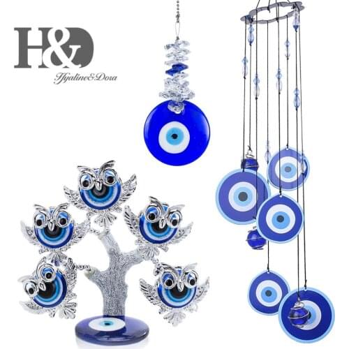 H&D Set of 3 Turkish Lucky Blue Evil Eye Tree Figurine Wind Chime Charm Pendant Protection for Money Fortune Home Decor Gift