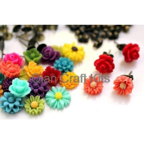 Set of 50pcs mixed style DIY earring kit / Flowering Garden / bright resin flower cabochons and supplies to create sz1051