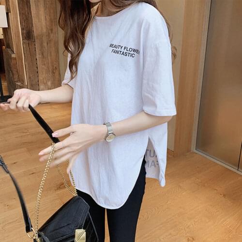 Summer New Korean Style Short-sleeved White T-shirt Women Loose Round Neck All-match Mid-length College Style Solid Color Tops
