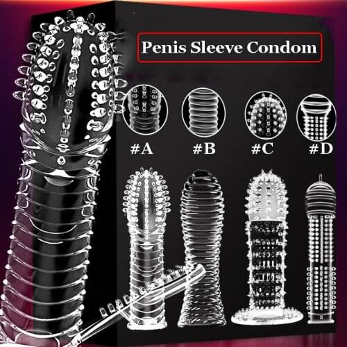 4 Types Transparent Reusable Condoms Tools For Male Penis Enlargement Sleeve Delay Ejaculation Sex Toys for Men