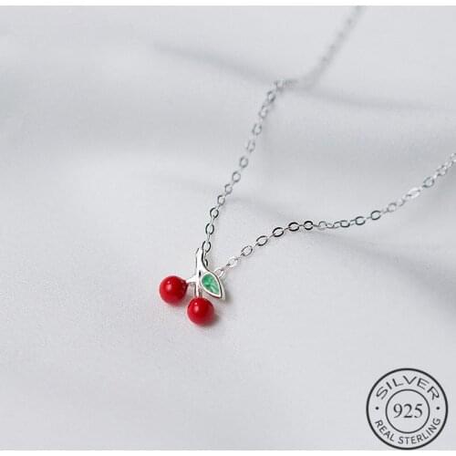 Real 925 Sterling Silver Red Enamel Cherry Choker Pendant Necklace Fine Jewelry For Women Personality Accessories Gift