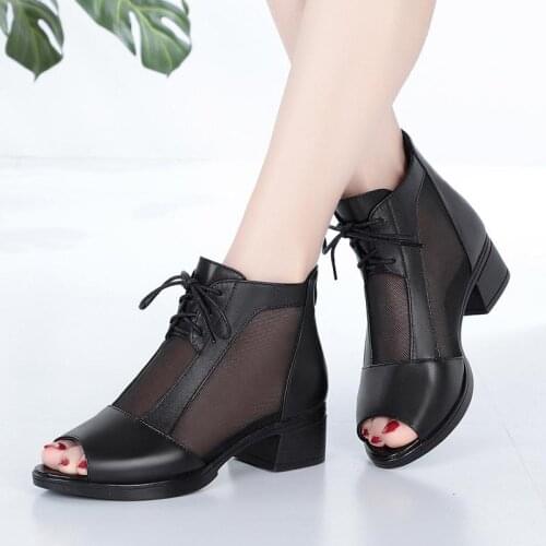 Fashion hollow mesh Roman Square heel sandals womens summer Lady Office Lace-Up sandals sexy Peep Toe party shoes 35-40