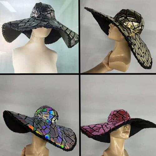 Sequins Large Brim Hat Women Party Prom Hats Mirrors Big Cap Foldable Club Jazz Dancer Singer Stage Show Accessories XS2394