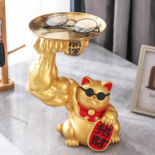 Golden Cat Figurines Muscle Arm Lucky Cat sculpture Ornaments Resin Storage Tray Storage cup holder key holder Decoration