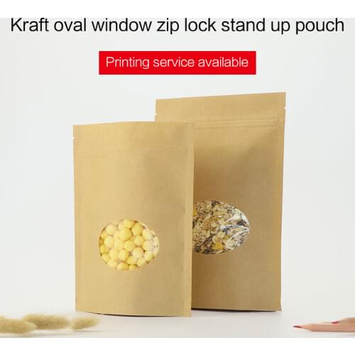 Stand up pouches with zipper brown kraft paper zip lock bag with oval window coffee tea snack food packaging bags