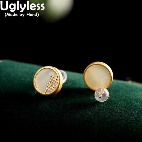 Uglyless Natural Hotan Jade Square Studs Earrings for Women Character WAN Ethnic Brincos Bijoux Real 925 Silver Earrings Gold